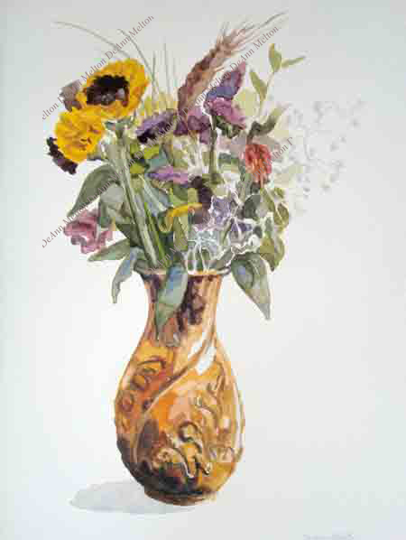 DeAnn Melton watercolor painting of copper vase of leaves and sunflowers