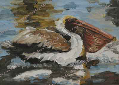 oil painting of brown pelican on water by DeAnn Melton