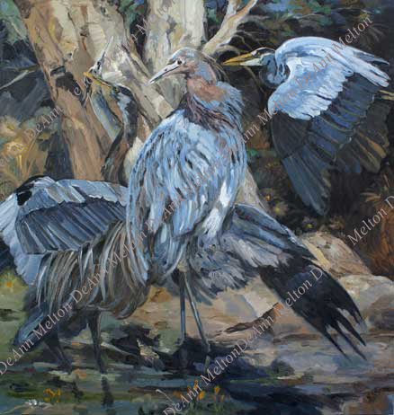 oil painting of blue herons by tree at night by DeAnn Melton