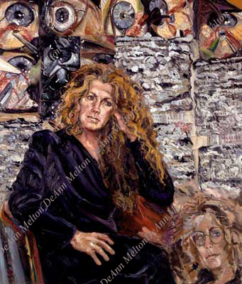 life size oil portrait of artist and weaver, Gail Wimmer, by DeAnn Melton
