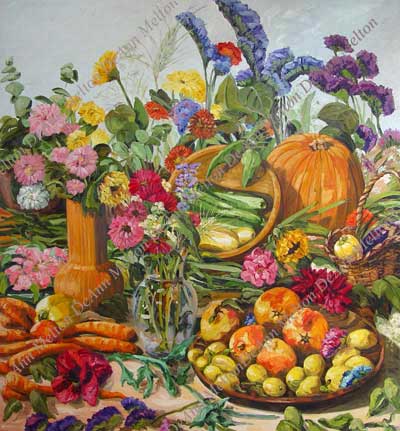 Abundance of trees, vegetables, and flowers oil painting still life by DeAnn Melton
