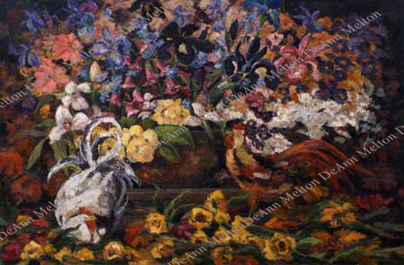 DeAnn Melton oil still life painting of flowers, chicken, rooster