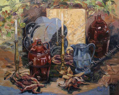 DeAnn Melton oil painting still life of pitcher, candlesticks, American ceramic bottle
