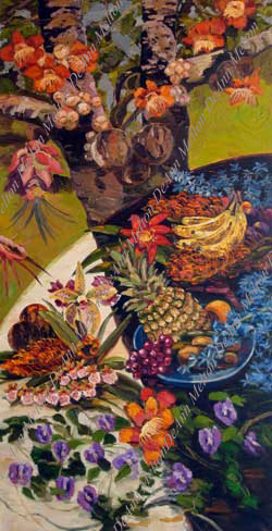 DeAnn Melton oil painting of palm tree, tropical fruit and flowers