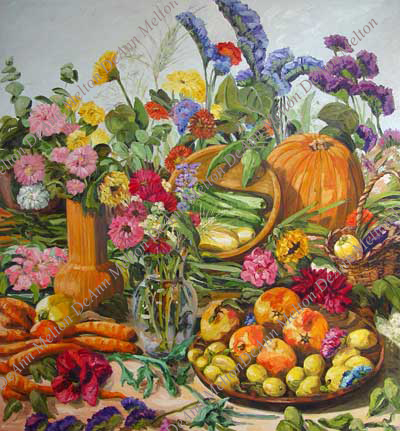 Abundance of vegetables and flowers oil painting still life by DeAnn Melton