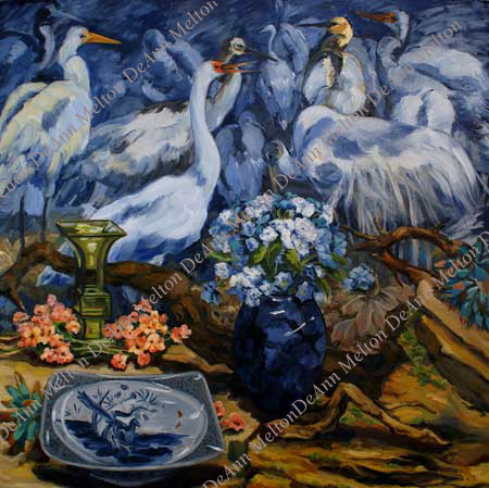 DeAnn Melton oil painting of cranes and oriental objects in still life
