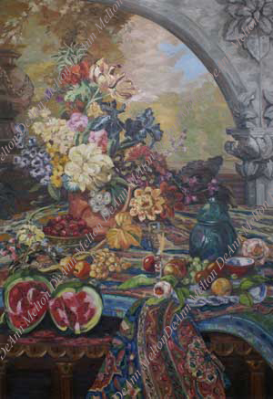 DeAnn Melton oil painting of still life on oriental rug