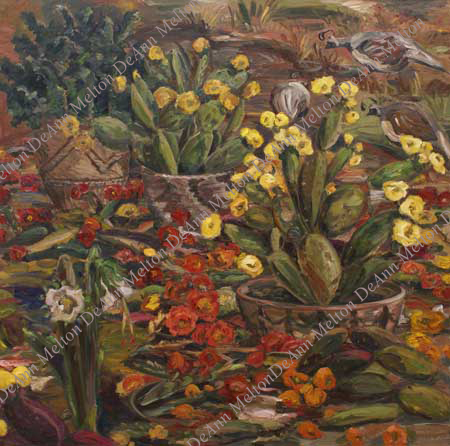 DeAnn Melton oil painting of desert plants and blooms with quail