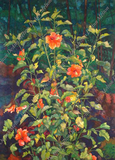 DeAnn Melton watercolor of hibiscus with trees in background